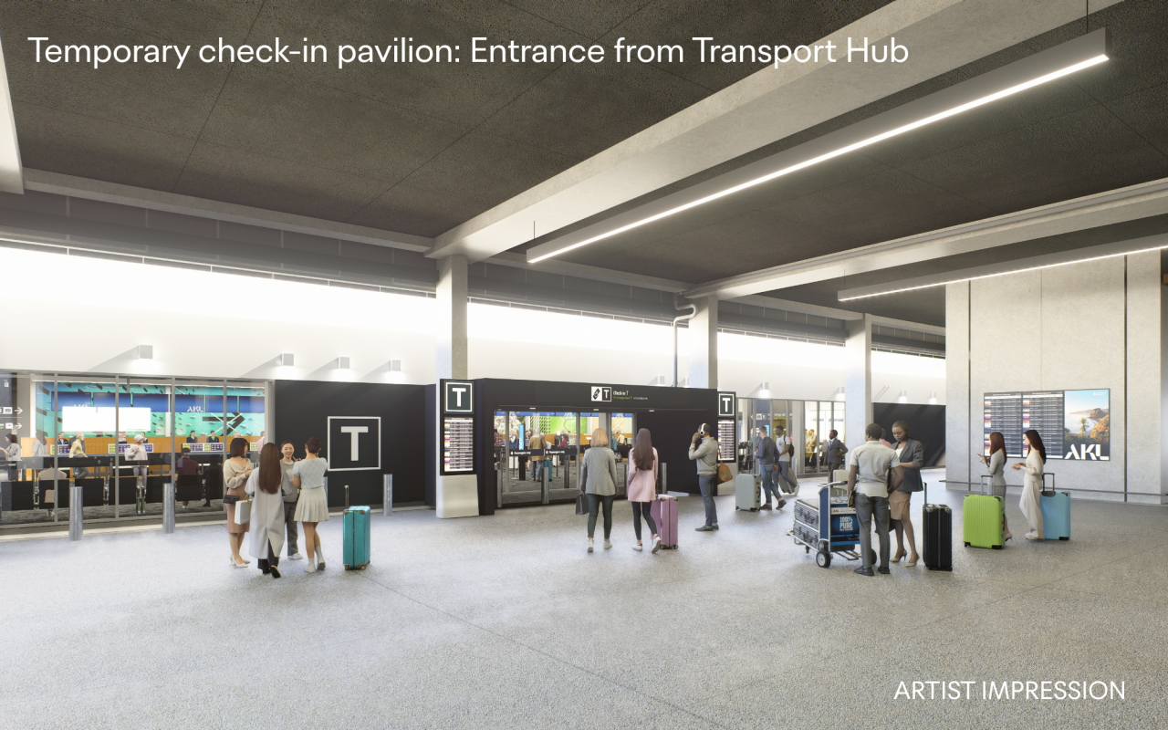 Temporary check-in pavilion: Entrance from Transport Hub